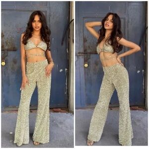 Zara Flared Sequin Pants Mint High Waist-Sequin Hidden Zip Side Size M NWT